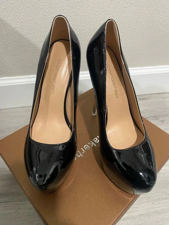 Black Patent Platform Pumps with Clear Stiletto Heel - Picture 4 of 7